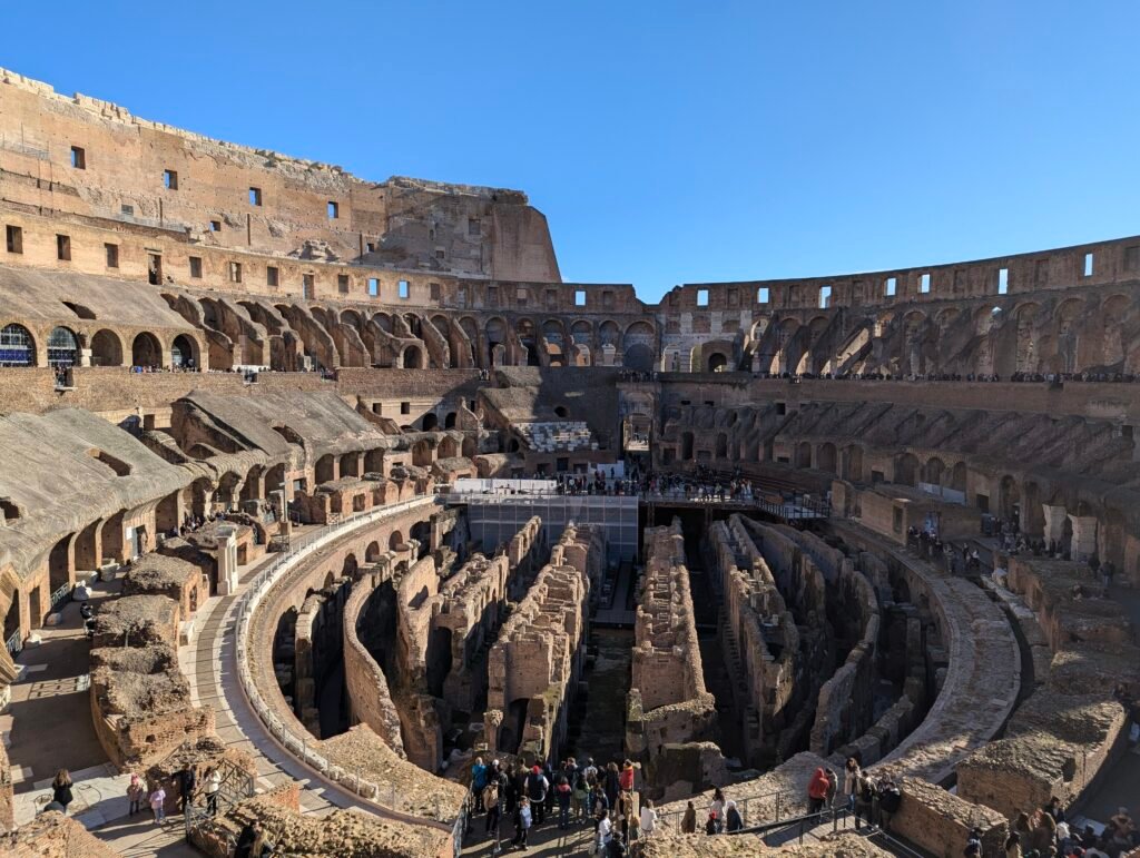 The Colosseum's underground hypogeum with its network of corridors, viewed from the visitor walkway above