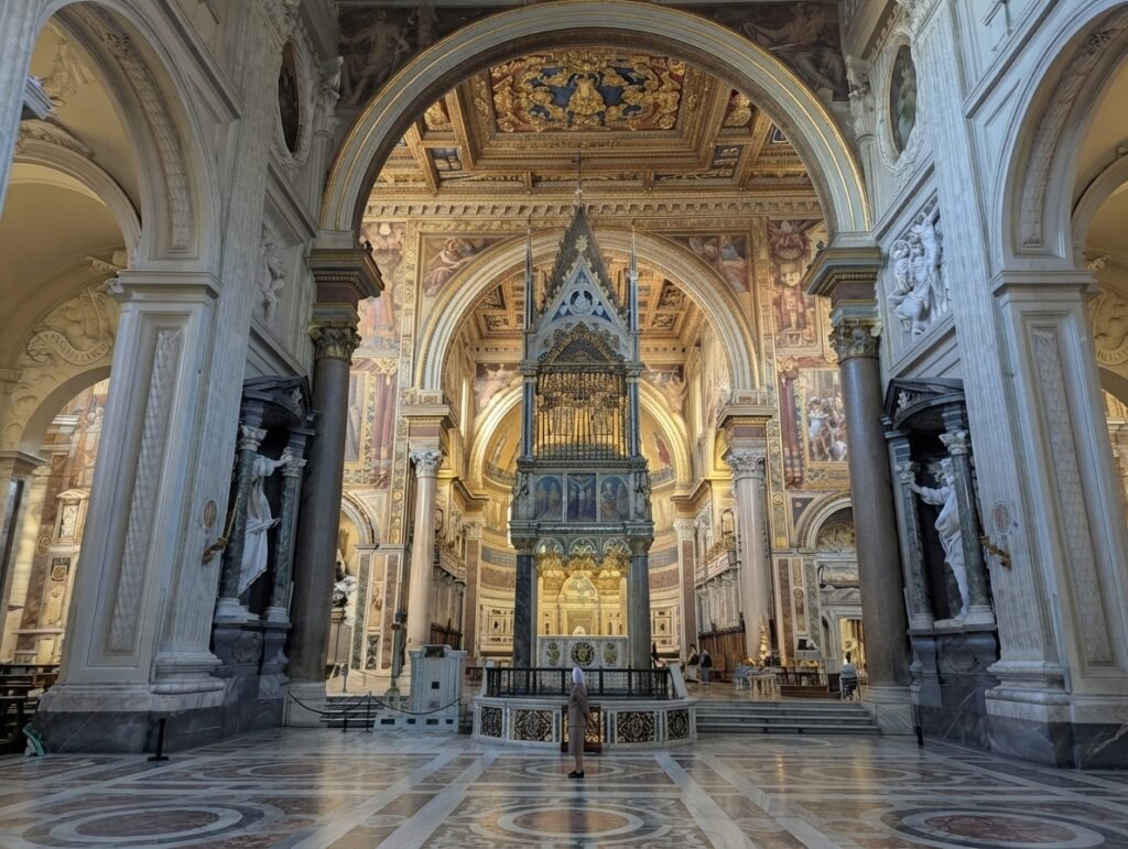 Utsikt gjennom monumentale buer mot den utsmykkede gotiske baldakinen og pavealteret inne i San Giovanni in Laterano-basilikaen i Roma, med en besøkende som står i det store skipet med marmorgulv.